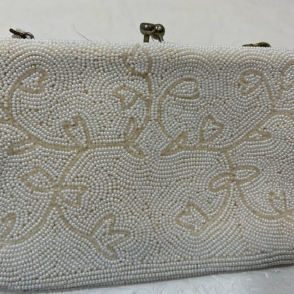 VTG Handmade White Pearl Beads Floral Pattern Kiss Lock Evening Purse Handbag - Picture 10 of 12